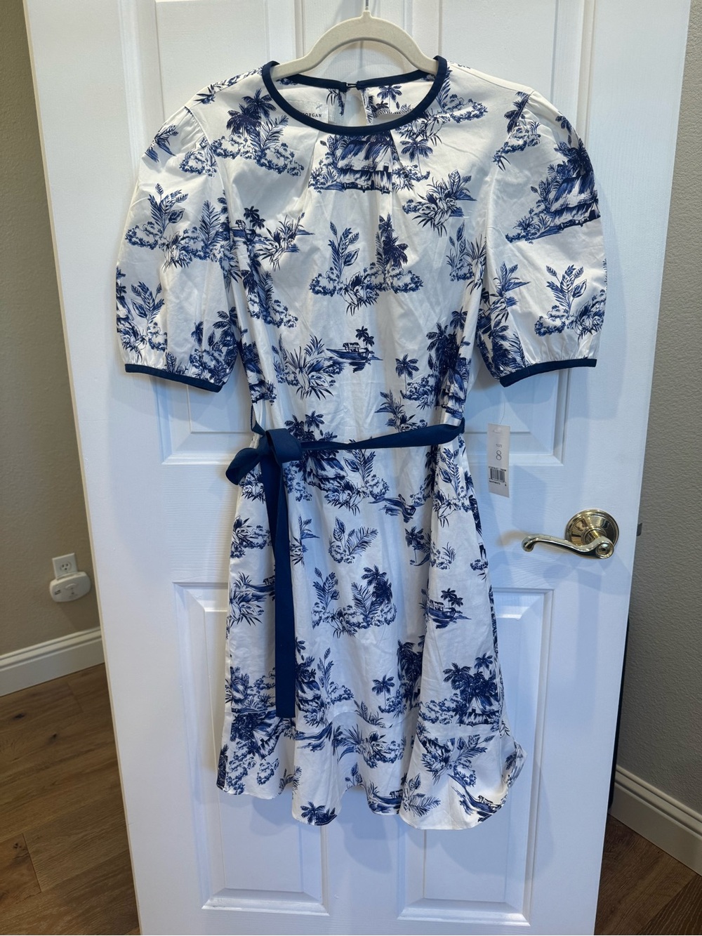 NWT Donna Morgan Blue Toile Puff Sleeve Cotton Poplin Mini Dress Size 8